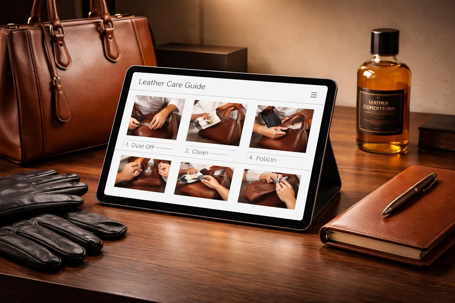 découvrez nos tutoriels et fiches pratiques pour l'entretien du cuir, spécialement conçus pour tablette tactile, dans une version luxe pour un soin optimal.