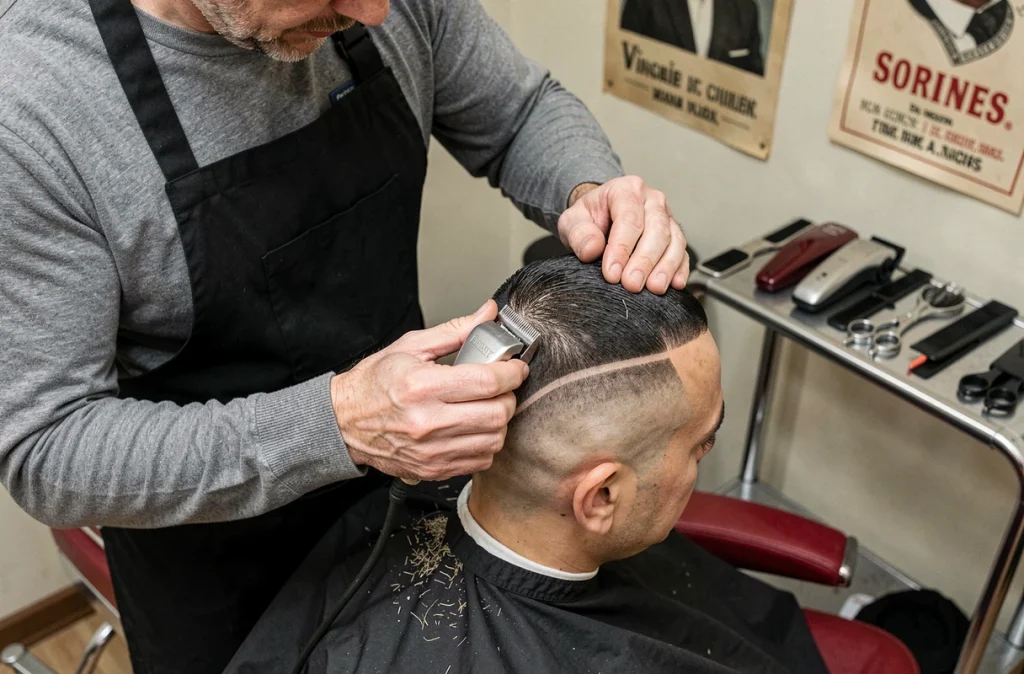 Barbier en train de détailler un taper fade sur une coupe casquette plate avec 3 cm sur le dessus, vue du dessus dans un barbier classique