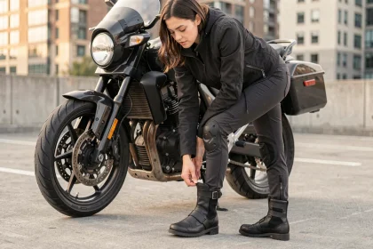 Femme motarde portant des chaussures moto homologuées CE à côté de sa moto en ville, ajustant la boucle de sa botte