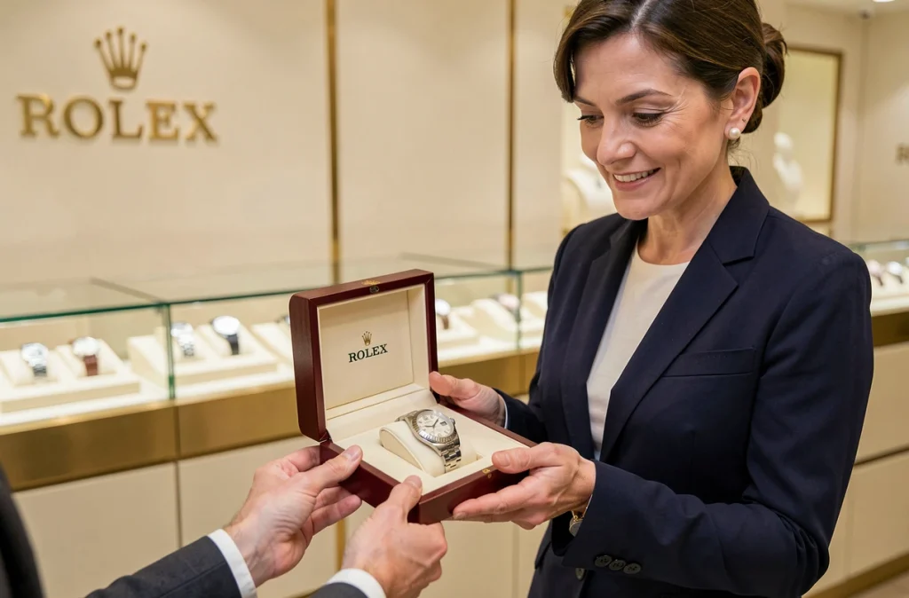 Conseillère horlogère présentant une Rolex dans son écrin à un client dans un showroom agréé à Genève, Suisse