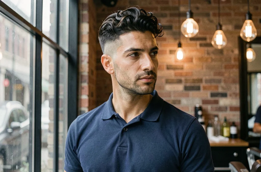 Homme aux cheveux bouclés avec une coupe casquette taper fade haute et un dessus volumineux de 6 à 7 cm, dans un barbier urbain