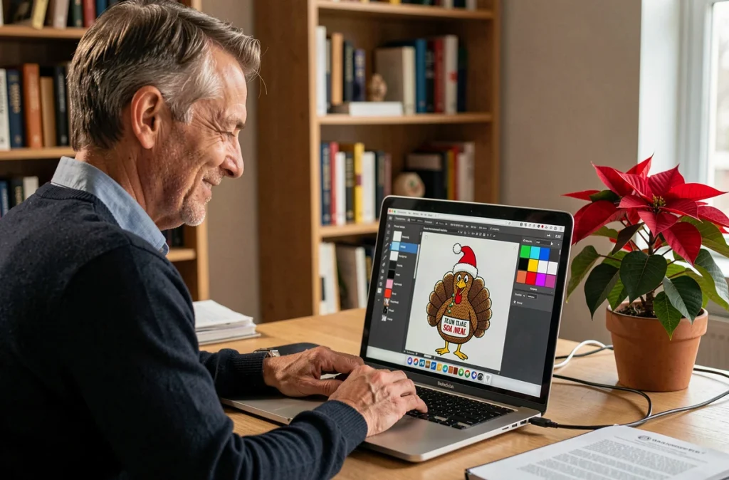 Homme créant un pull de Noël personnalisé et amusant en ligne sur un ordinateur portable depuis son bureau à domicile