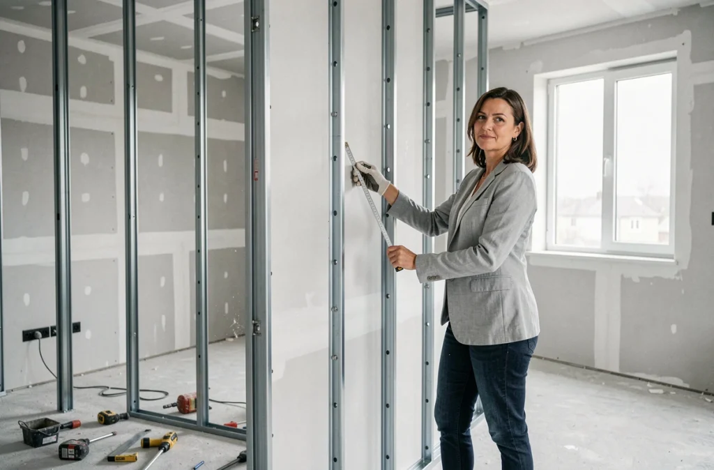Designer d'intérieur mesurant des montants de cloison sèche espacés à 48 et 50 cm dans un appartement en rénovation