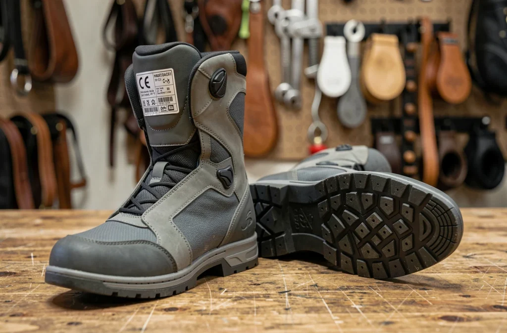 Gros plan sur des bottes moto femme homologuées CE montrant l'étiquette de certification et la semelle antidérapante renforcée