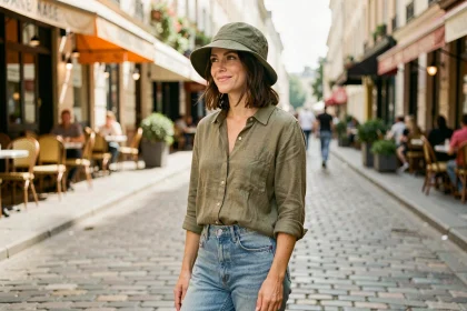 Femme élégante portant un bob en toile olive dans une rue pavée française, style mode urbain 2026