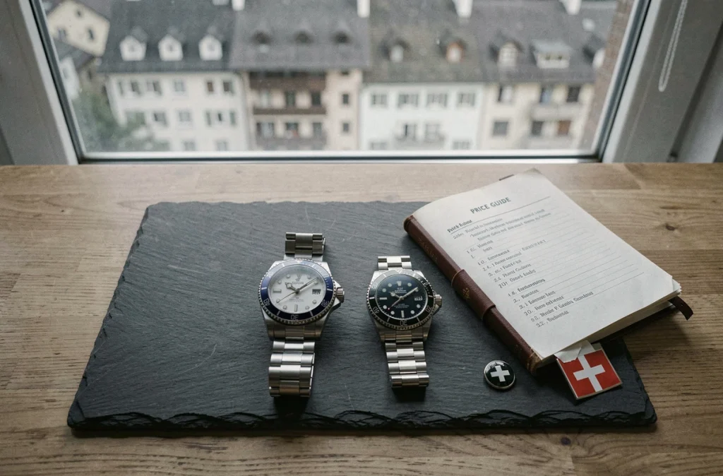 Flat lay de deux montres Rolex Datejust et Submariner avec un guide des prix horlogers suisses, comparaison pour investissement