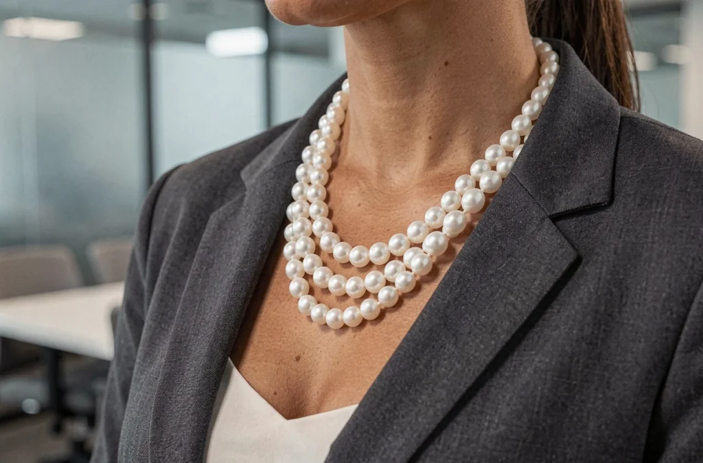 Gros plan d'un collier de perles blanches porté avec un blazer gris anthracite dans un cadre professionnel