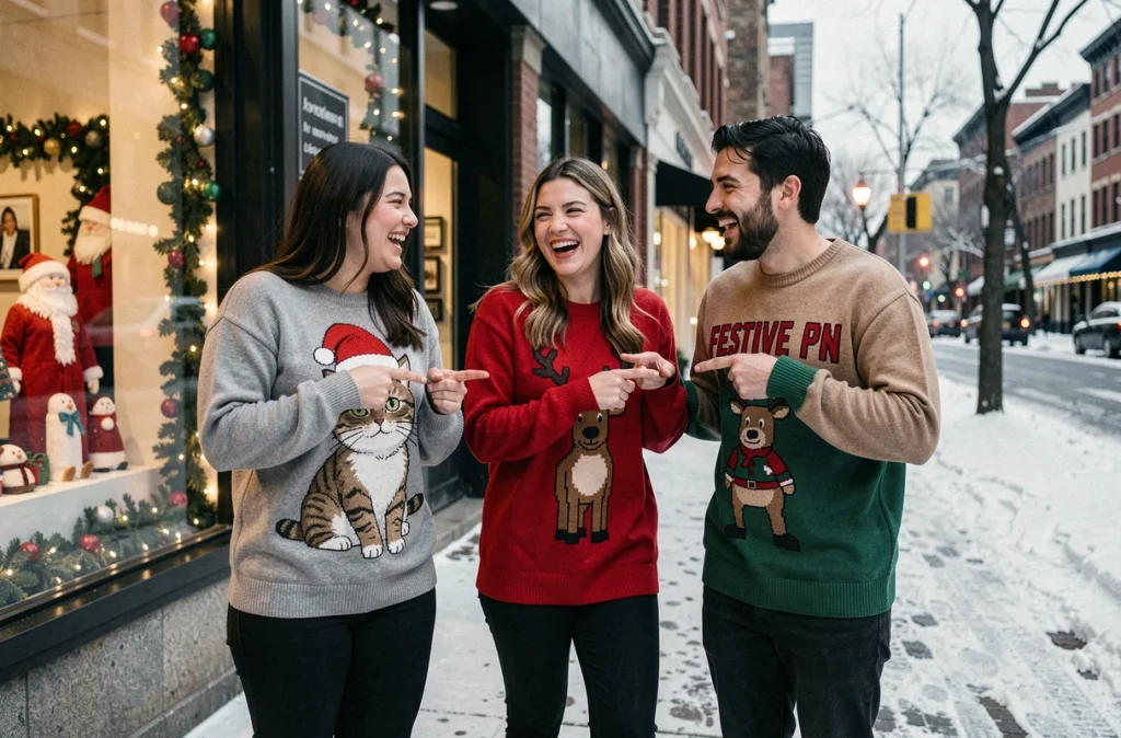 Groupe d'amis portant des pulls de Noël personnalisés et humoristiques en extérieur dans une rue enneigée décorée pour les fêtes
