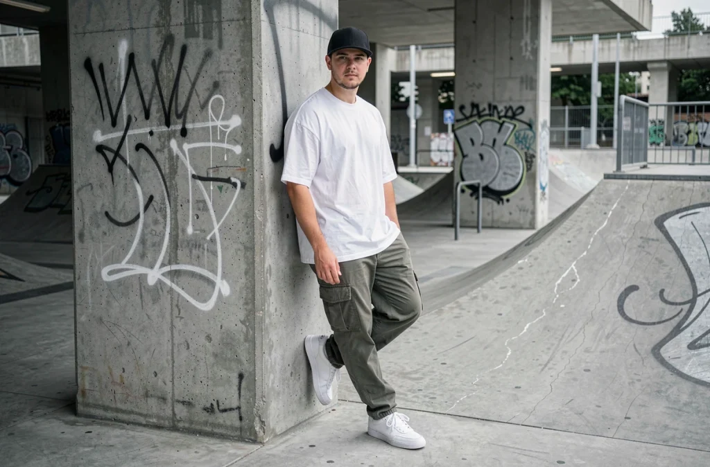 Jeune homme avec une casquette snapback noire dans un skatepark urbain en béton, tendance streetwear 2026