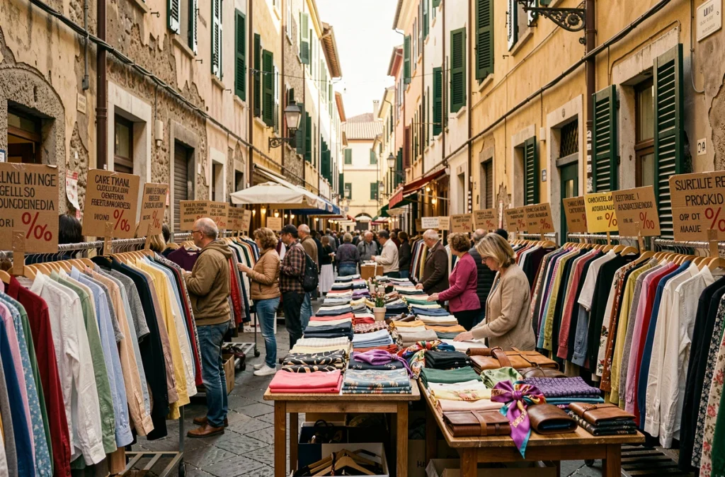 Marché de rue animé en Italie pendant les soldes avec des étals de vêtements et des foules de clients