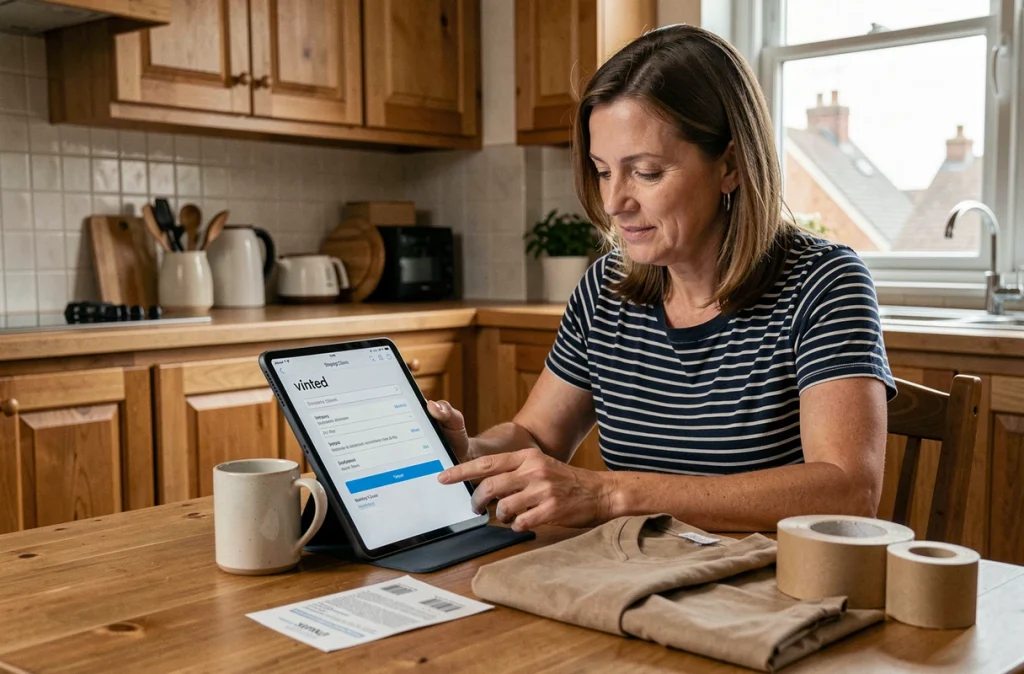 Femme préparant un envoi Vinted à domicile, consultant les délais de livraison selon le point relais choisi sur une tablette