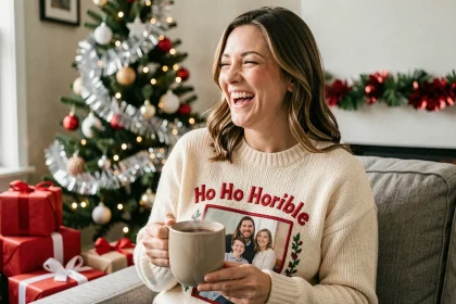Femme portant un pull de Noël personnalisé drôle avec inscription humoristique dans un salon décoré pour les fêtes