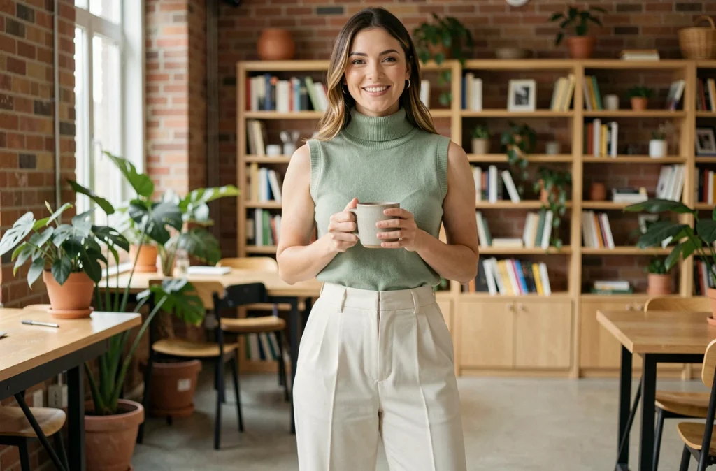 Femme en pull sans manche vert sauge et pantalon large crème dans un espace de coworking tendance