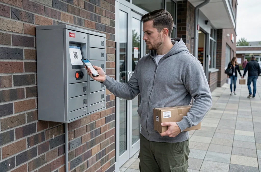 Homme utilisant un smartphone pour scanner un QR code sur une consigne colis automatique Vinted en extérieur