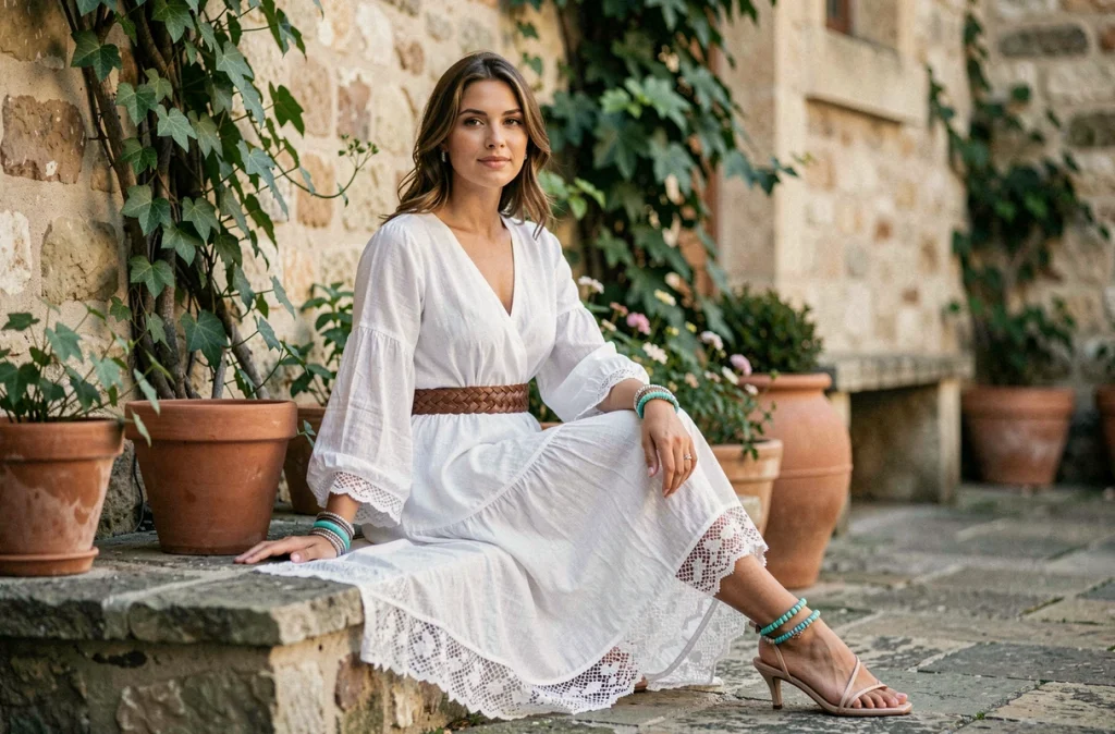 Femme en robe bohème blanche avec ceinture tressée, bracelets turquoise et sandales à talons dans une cour provençale