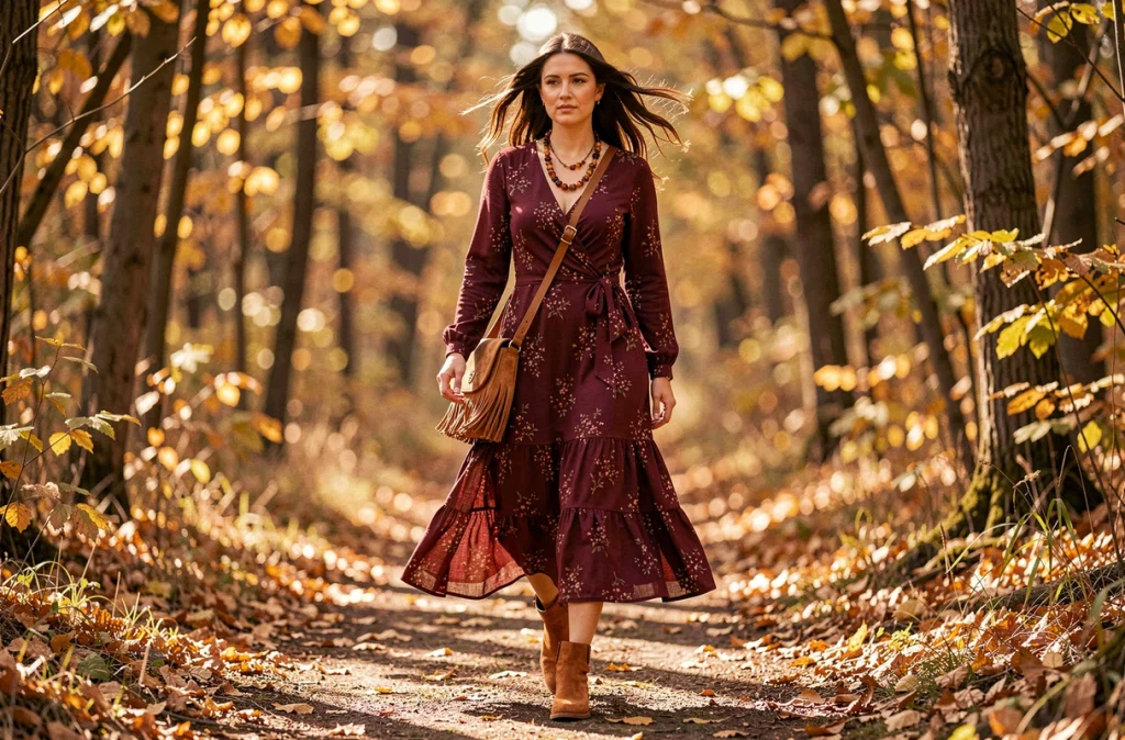 Femme en robe bohème bordeaux à imprimé floral avec sac à franges, colliers en bois et bottines cognac dans une forêt d'automne