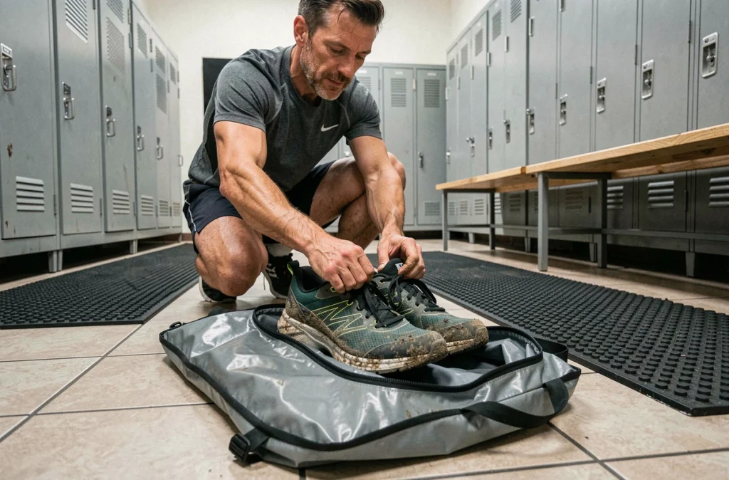 Homme insérant des chaussures de sport boueuses dans un sac étanche imperméable dans un vestiaire de salle de sport