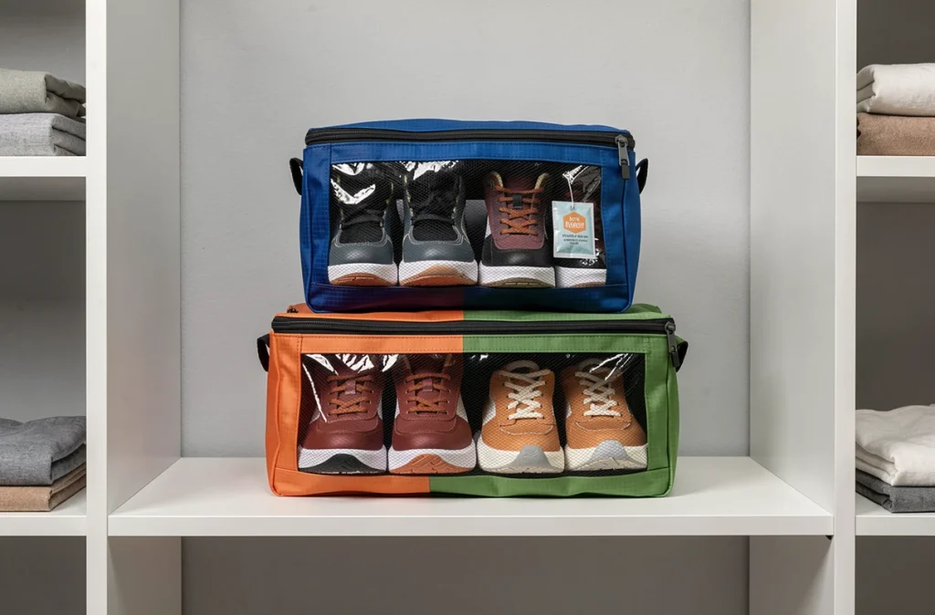 Trois sacs de rangement chaussures étanches empilés sur une étagère blanche avec sachets anti-odeurs visibles à l'intérieur