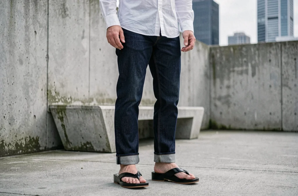 Homme en jean selvedge et sandales geta noires devant une architecture brutaliste en béton, look masculin urbain contemporain