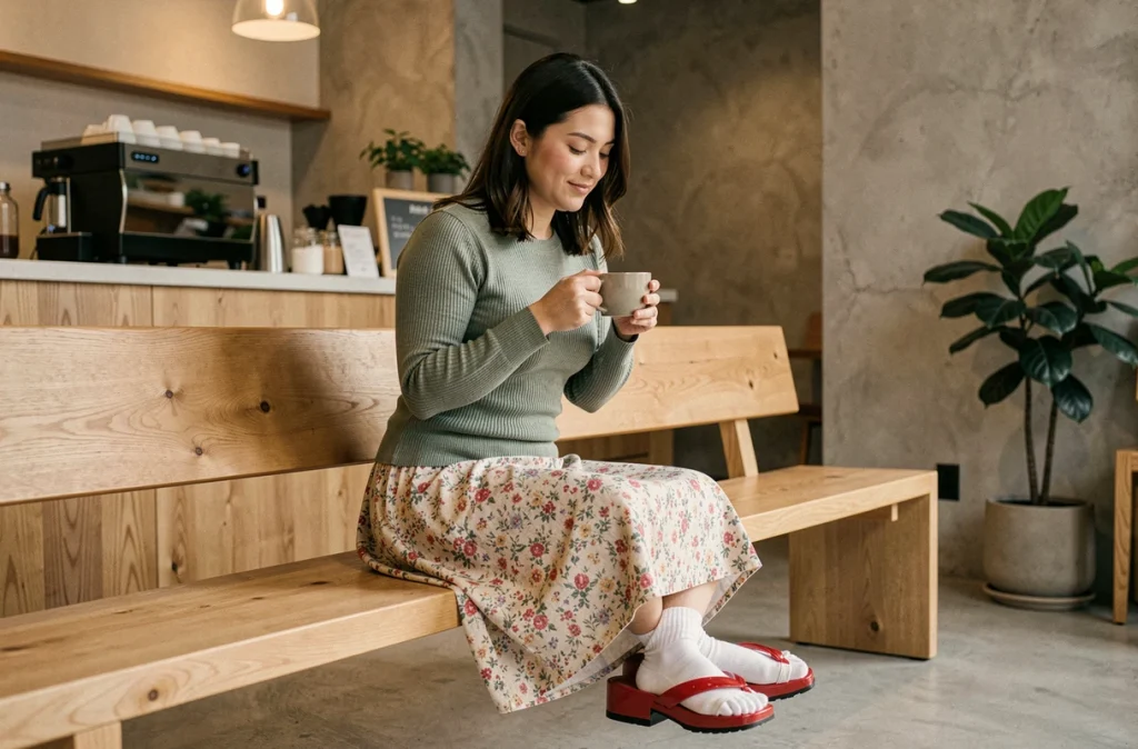 Femme assise en café minimaliste portant des sandales geta rouges avec chaussettes tabi blanches et jupe fleurie, style mode japonais urbain