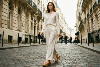 Femme portant des sandales geta japonaises avec un pantalon en lin large dans une rue pavée parisienne, style urbain minimaliste