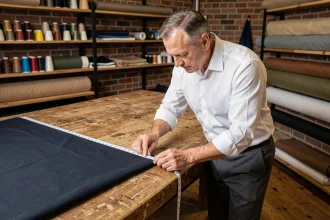 Tailleur mesurant un tissu à 48 et 50 cm sur une table de coupe en bois dans un atelier de couture artisanal