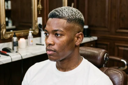Jeune homme avec une coupe casquette taper fade basse et un dessus texturé d'environ 4 cm, assis dans un fauteuil de barbier moderne