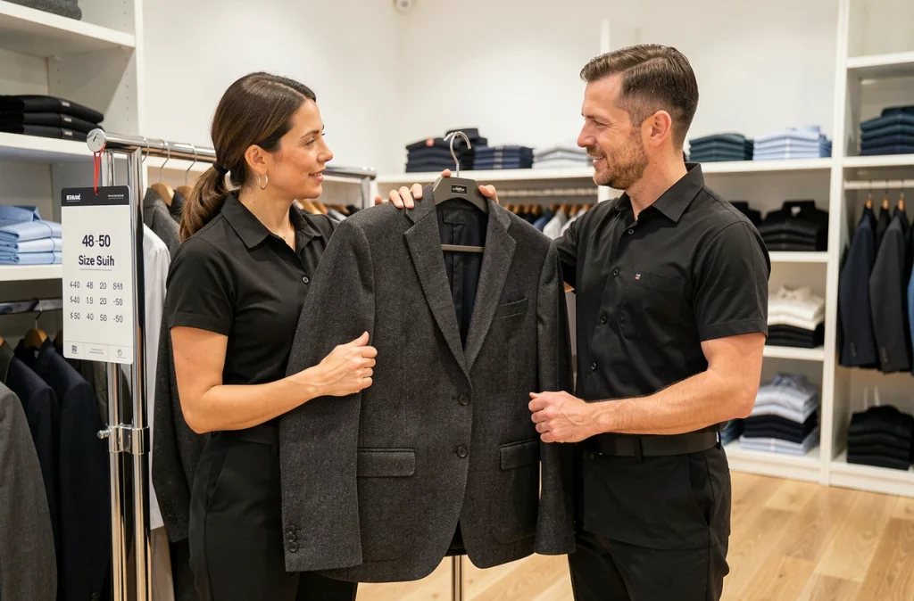 Deux vendeurs comparant des vestes tailles 48 et 50 sur un portant dans une boutique de prêt-à-porter masculin