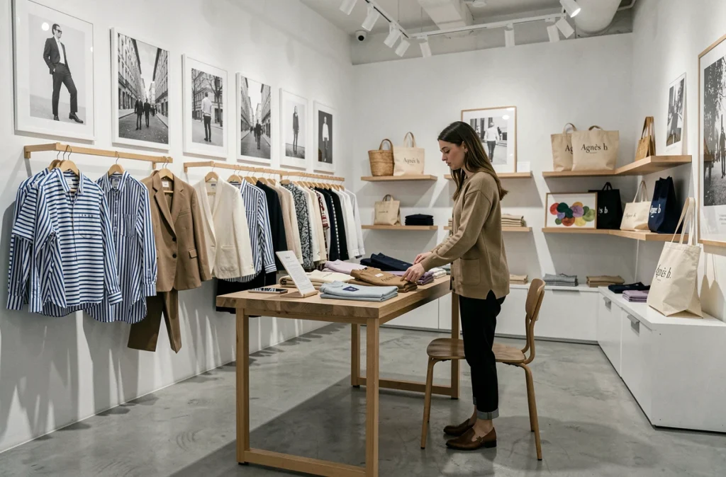 Boutique Agnès b. à Lyon avec chemises rayées, vestes structurées et œuvres photographiques sur les murs