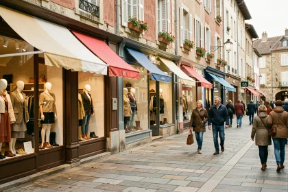 Rue commerçante animée en Auvergne-Rhône-Alpes avec des boutiques de vêtements et de chaussures