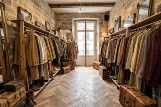 Intérieur d'une boutique vintage en Gironde avec des vêtements de seconde main sur des tringles en bois et une atmosphère rétro chaleureuse