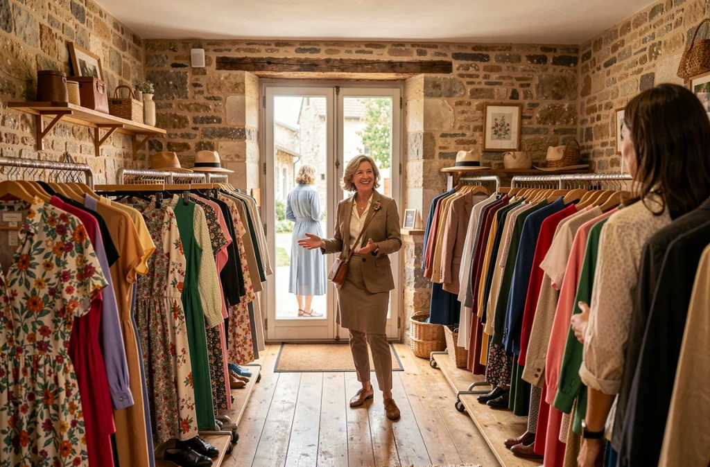 Boutique Chez Élodie à Clermont-Ferrand avec robes et vêtements féminins colorés sur des portants