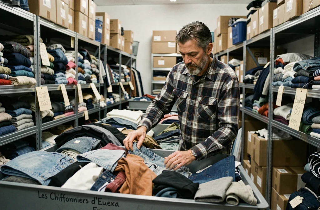 Un homme trie des vêtements d'occasion dans les bacs de la friperie Les Chiffonniers d'Eureka Fripe