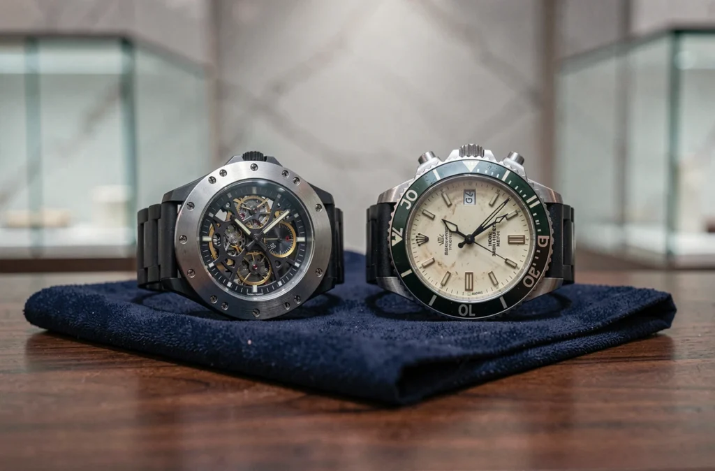 Comparaison entre une montre Richard Mille moderne et une Rolex Submariner vintage des années 1960 posées sur du suède marine