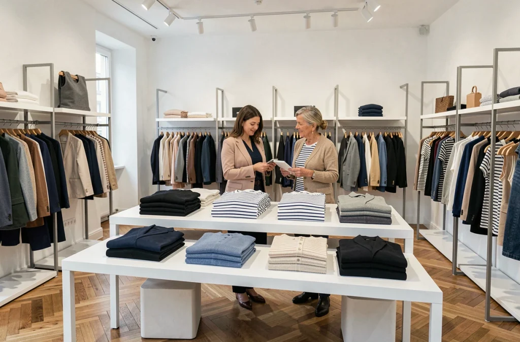 Intérieur du Comptoir des Cotonniers à Lyon avec vêtements féminins en coton et décor minimaliste parisien