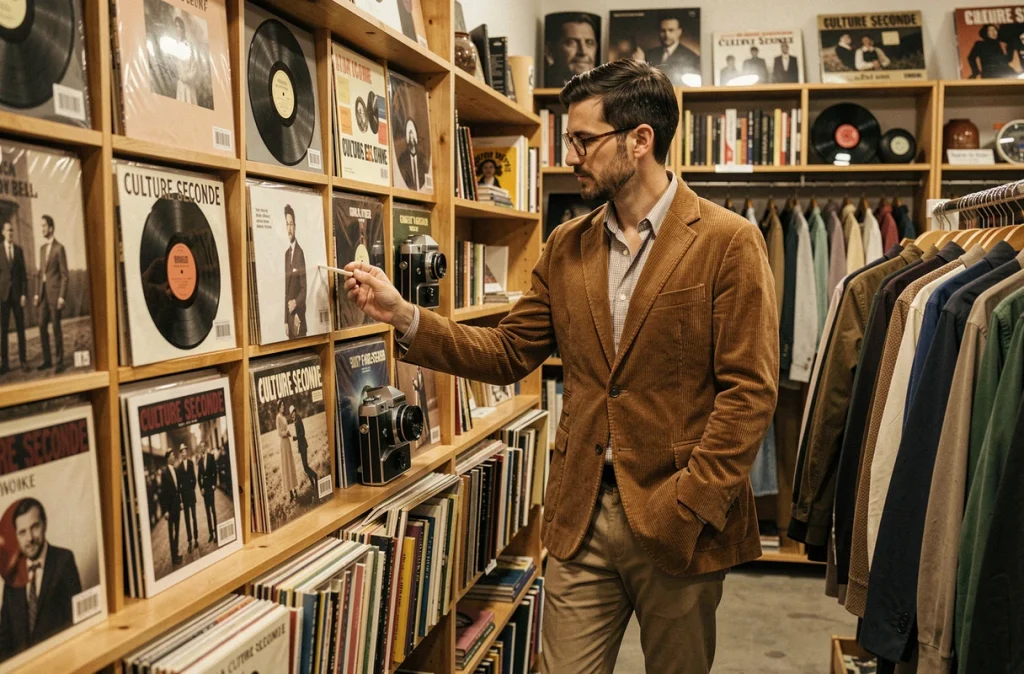 Un homme en blazer vintage parcourt les rayons mêlant vêtements et vinyles chez Culture Seconde