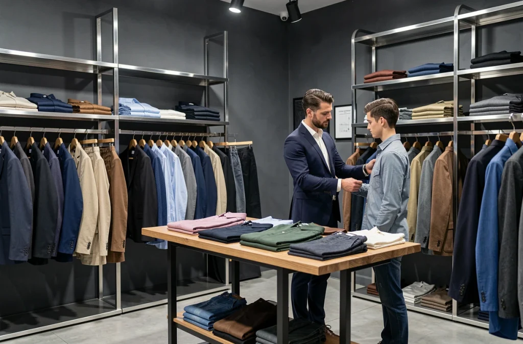 Boutique Devred mode homme à Saint-Étienne avec costumes, chemises et vestes sur des portants contemporains