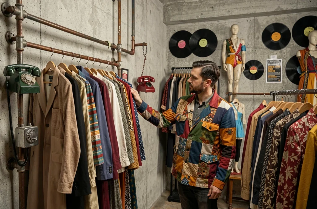 Intérieur créatif et éclectique de Docks Caviar à Bordeaux avec des vêtements vintage exposés sur des tuyaux industriels