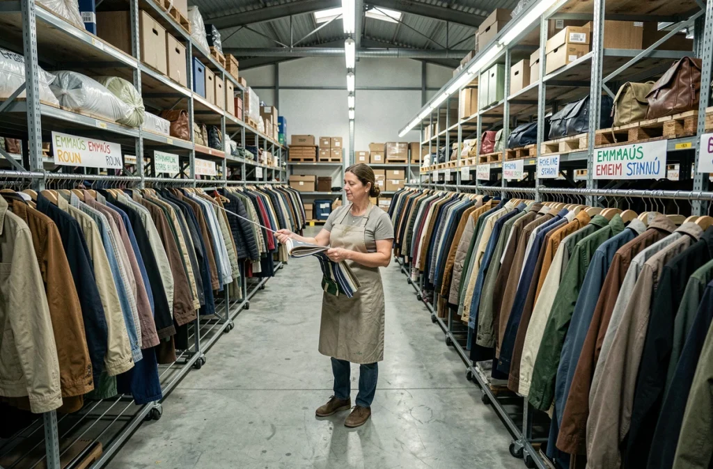 Une bénévole classe des vêtements donnés sur les portants de l'Emmaüs Rouen