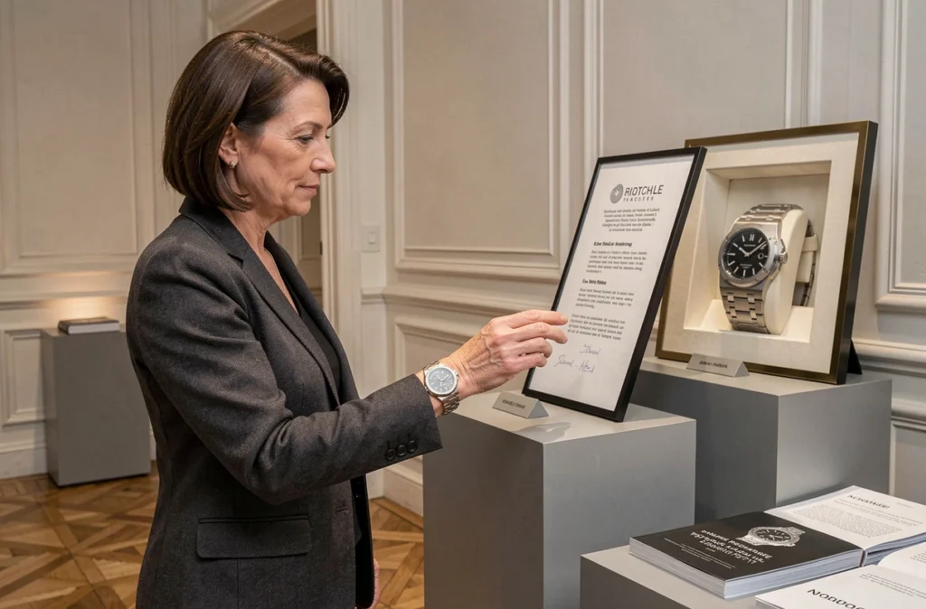 Femme élégante dans une salle des ventes aux enchères comparant une Audemars Piguet Royal Oak vintage et une Patek Philippe Nautilus moderne