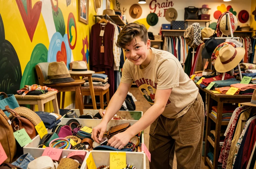 Un adolescent fouille joyeusement dans les bacs colorés et éclectiques de Grain de Folie