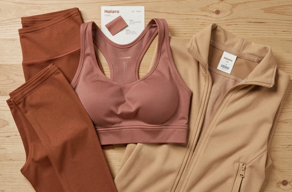 Plat posé de vêtements Halara en tons naturels montrant la composition des matières, les coutures et les étiquettes d'entretien des collections activewear