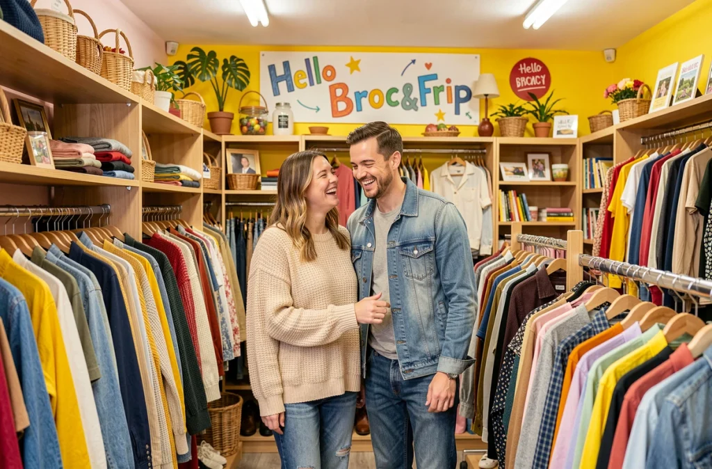 Un couple sourit en parcourant ensemble les rayons animés et colorés de Hello Broc&Frip