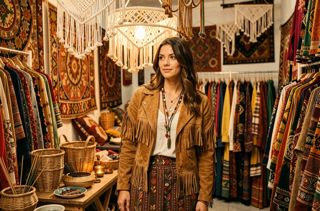 Une femme en tenue bohème entourée de vêtements ethniques et rétro dans le Hippy Market