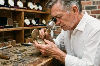 Horloger expert examinant une montre de poche vintage Patek Philippe dans un atelier traditionnel avec des outils anciens