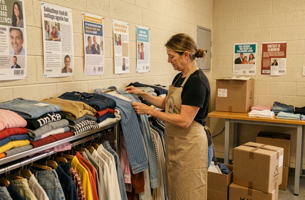 Bénévole organisant des vêtements donnés dans la boutique de seconde main solidaire Ikos au quartier Bordeaux Lac