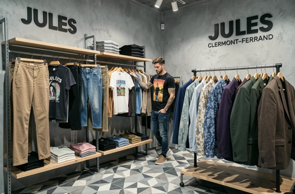 Boutique Jules mode masculine à Clermont-Ferrand avec jeans, chemises et vestes sur des portants modernes