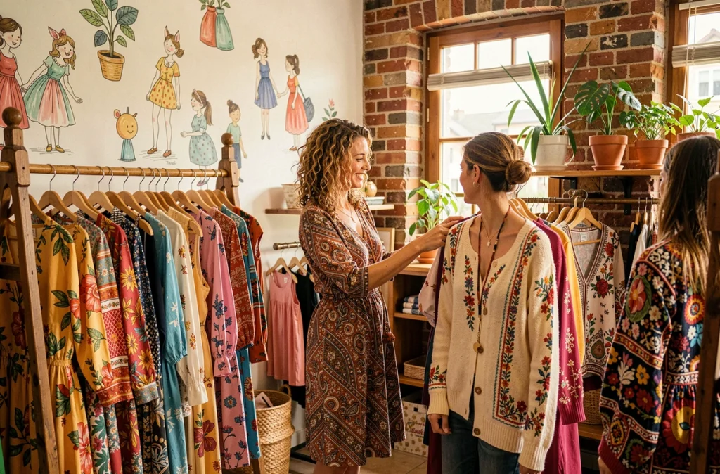 Boutique La Fée Maraboutée à Grenoble avec robes imprimées bohèmes et décor éclectique aux murs en briques