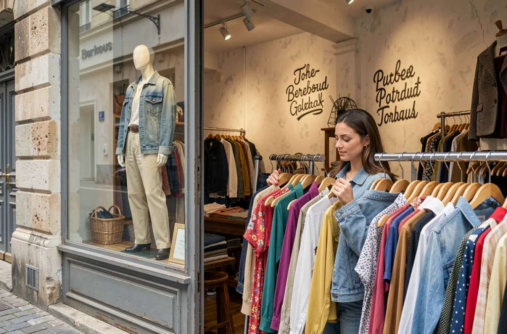 Façade et intérieur de Land Vintage au centre de Bordeaux avec des vêtements de seconde main exposés et une cliente parcourant les rayons