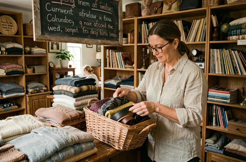 Intérieur d'une des friperies Maboul à Pessac ou Libourne avec des vêtements vintage et des accessoires d'occasion en désordre chaleureux